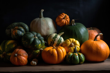Assortment of orange and green pumpkins,Autumn season 