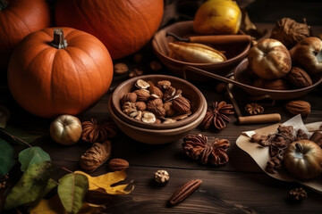 Autumn baking background with pumpkins apples and nuts 