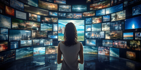Woman surrounded by multiple TV screens, video wall showcasing variety of multimedia content, online broadcasting and streaming concept