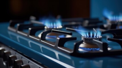 Fototapeta na wymiar Blue kitchen gas stove flame in kitchen