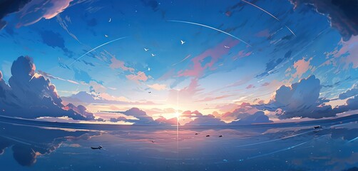 Blue ocean with blue sky and beautiful sunrays at the horizon line in digital art painting style background  - obrazy, fototapety, plakaty