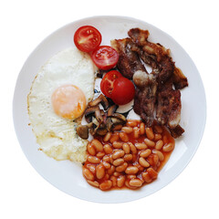 meat with vegetables, beans and fried egg