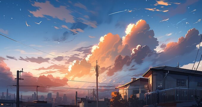 Beautiful sky with sunset view in digital art painting style 