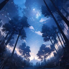 Dark forest with starry night landscape in digital art painting style 