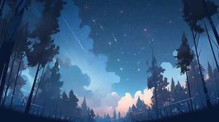 Dark forest with starry night landscape in digital art painting style 