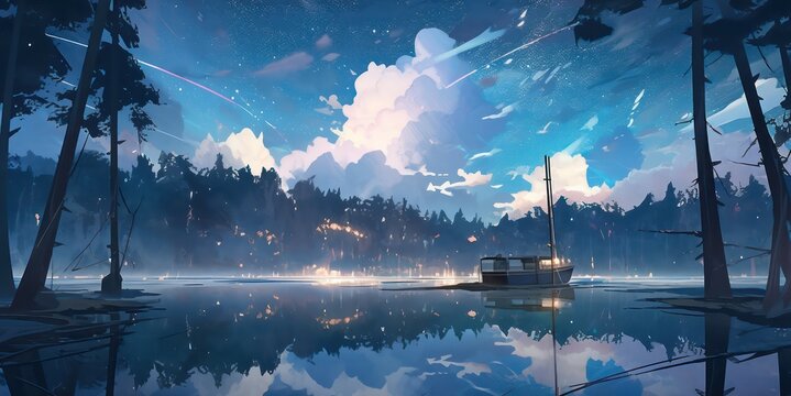 Dark forest with starry night with lake landscape in digital art painting style 