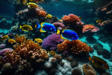 Naklejka na ściany i meble Deep below a colorful reef teems with life - AI Generative