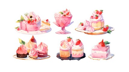 Watercolor sweets collection clipart on a white background