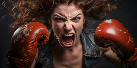 portrait of screaming angry woman with boxing gloves