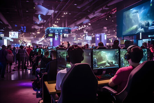 World region gaming expo, gaming industry event or gaming competition amusement, with many live-action players