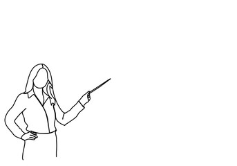 Woman in a business suit with a pointer in her hands stands near the blackboard. One line drawing vector illustration.