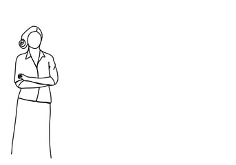 Woman in a business suit with a pointer in her hands stands near the blackboard. One line drawing vector illustration.