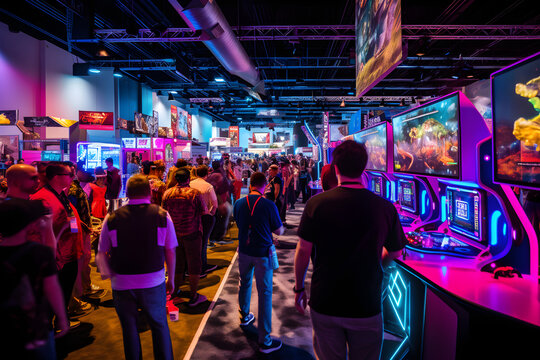 World region gaming expo, gaming industry event or gaming competition amusement, with many live-action players