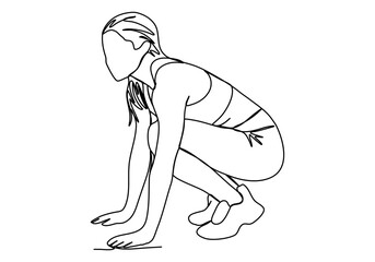 Girl in sports clothes stands at a low start before starting to run One line drawing vector illustration.