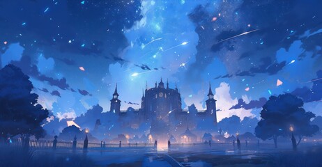 Night sky with starry in fairy tale theme in digital art painting anime style  - obrazy, fototapety, plakaty