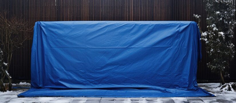 During winter a blue tarpaulin covers a small pool to keep dirt out