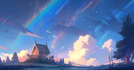 Beautiful starry sky landscape in fantasy fairy theme in anime digital art painting style 