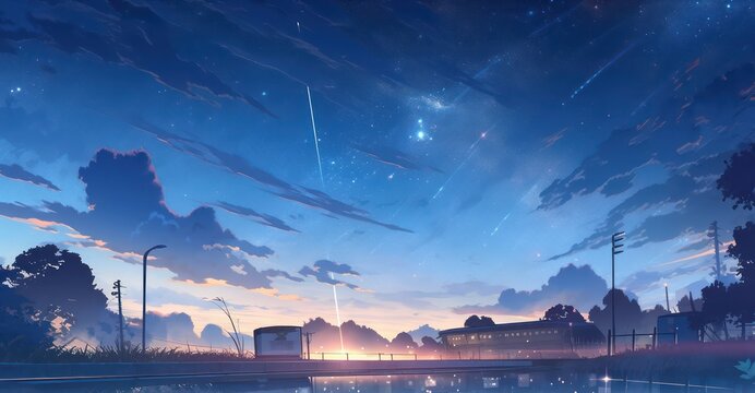Beautiful starry sky landscape in fantasy fairy theme in anime digital art painting style 
