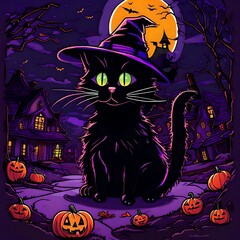 a cartoon of a cat wearing a witch hat with pumpkin Jack-o'-lanterns on Halloween