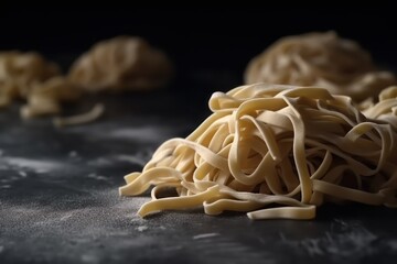 Uncooked fettuccine homemade pasta on dark grey table wallpaper background  - obrazy, fototapety, plakaty