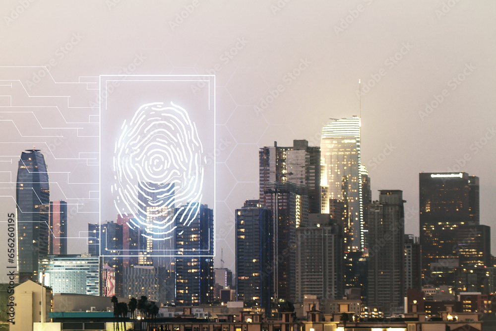 Aufkleber Multi exposure of virtual graphic fingerprint sketch on Los Angeles cityscape background fingerprint scan data concept