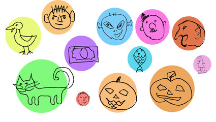 doodle characters set, duck, boy, cat, money, Frenchman in a hat, alien, sorcerer, pumpkin, fish, doll