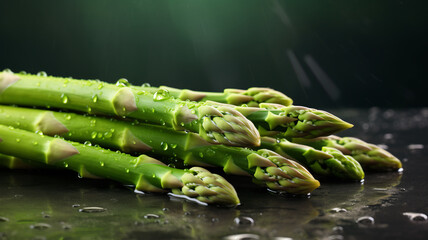 Fresh green asparagus vegetable food macro with water drops on it background market grocery.