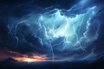 Illustration depicting a stormy sky with white cloud and bright lightnings. Generative AI - obrazy, fototapety, plakaty