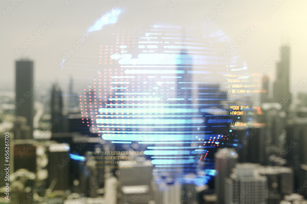 Poster multi exposure of abstract creative coding sketch and world map on blurry skyline background, artifi