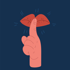 Cartoon vector illustration of lips with red lipstick and a finger showing hush and silence