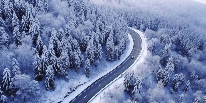Aerial view of a winter snow-covered road with Serpentine Switchbacks in a forest.