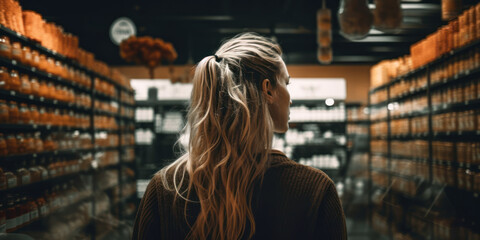 grocery food shopping in supermarket business concept, young female woman behind view in retail shop store buying goods looking at merchandise arranged in shelves