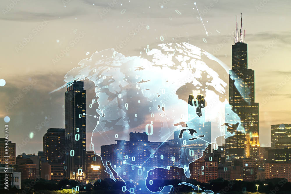 Poster multi exposure of abstract graphic coding sketch and world map on chicago cityscape background, big 