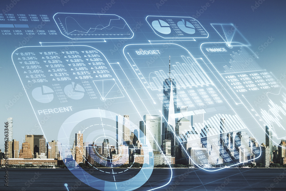 Poster Double exposure of abstract creative statistics data hologram on New York city office buildings background, analytics and forecasting concept