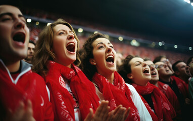 A choir of soccer team fans singing their team's anthem. Generative AI - obrazy, fototapety, plakaty