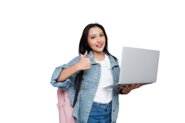 Young Happy Asian Female College Student with Laptop and Backpack Isolated Background