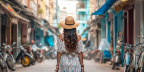 Fototapeta premium Female traveller roam alone womna summer casual dress summertime tour walking at Asia