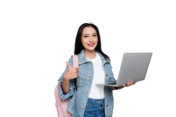 Young Happy Asian Female College Student with Laptop and Backpack Isolated Background