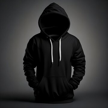 Blank black hoodie template. Hoodie sweatshirt long sleeve with clipping path, hoody for design mockup for print, isolated on grey background.