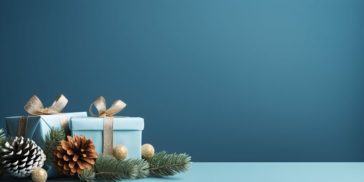 Christmas concept, blue background with copy space, gift boxes, pine cones, Generative AI.