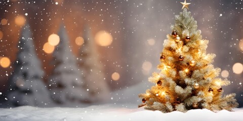 Christmas tree background and copy space. Landscape with falling white snow. Generative AI.