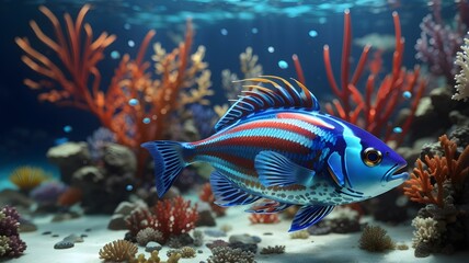 Underwater Sea. Underwater tropical sweepers glass-fish (Parapriacanthus ransonneti). Blue water background and Coral. Underwater fish reef marine. Tropical colourful underwater seascape - obrazy, fototapety, plakaty