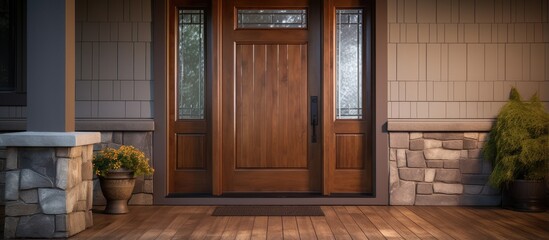 Stained front door on a home with surrounding window and porch with pillars