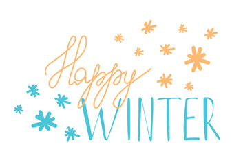 Happy Winter handwritten text, hand lettering with snowflakes isolated on white background. Brush calligraphy for greeting card, print, poster, sticker, decor. Winter holidays vector illustration