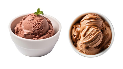 Set of chocolate ice cream in bowl isolated on transparent background. Generative Ai