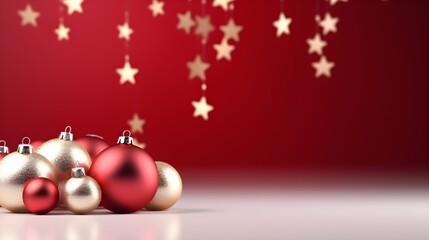 Christmas and New Year holiday background. Red background with Christmas tree decorations and copy space. Generative AI.