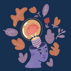 Cartoon vector illustration of Light bulb with a brain inside, creating ideas, creative concept