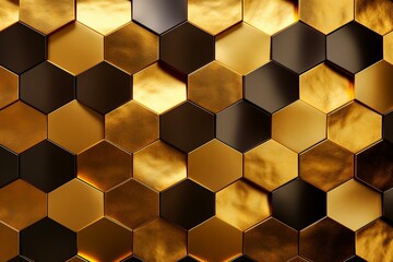 Wall made of hexagonal tiles arranged in a luxurious pattern, with a glossy gold background created from 3D blocks. Generative AI