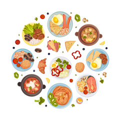 Different Food Round Composition with Tasty Dish Served on Plate Vector Template