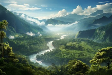Fototapeta na wymiar panoramic vista of lush rainforest-covered mountains. Generative AI